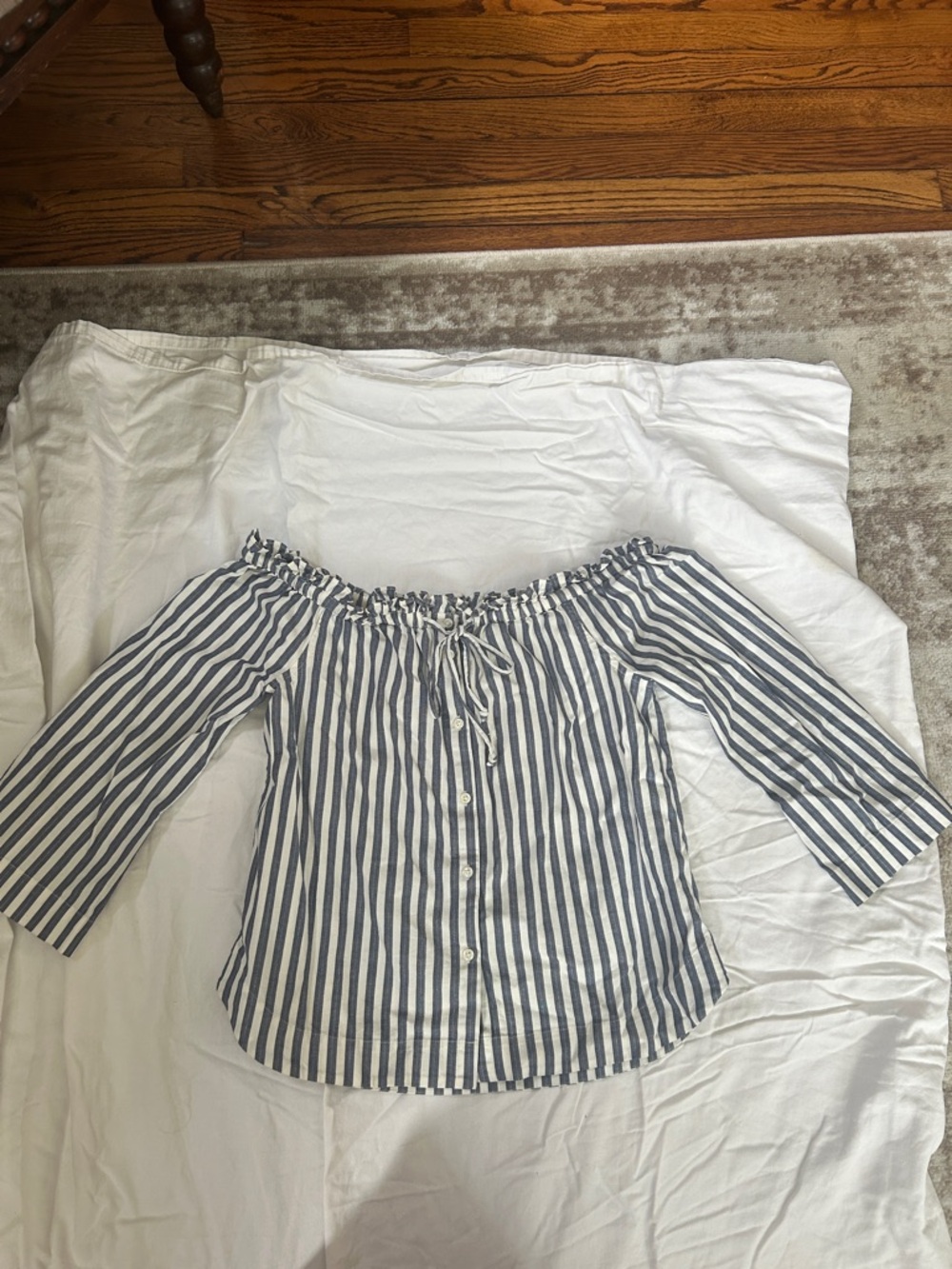 Madewell Blue and White Striped Off-Shoulder Button Front Top
